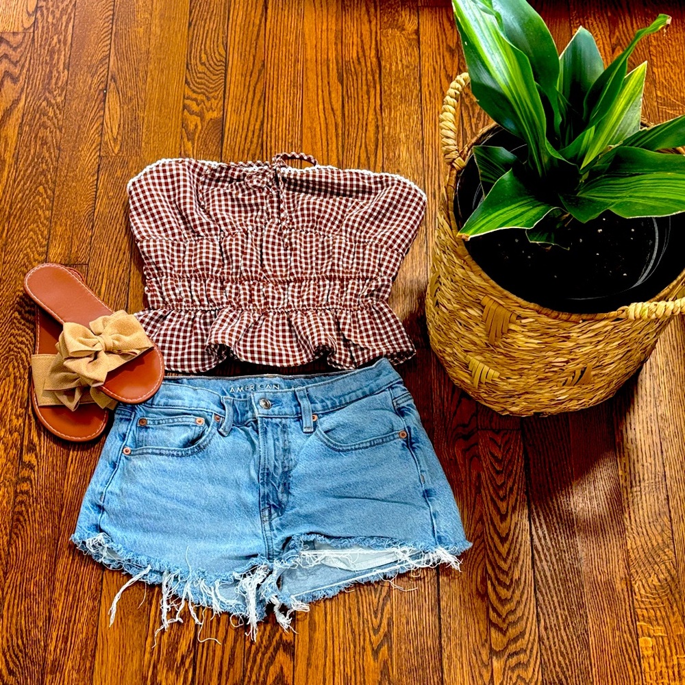 Sienna Sky Brown Gingham Smocked Tube Top & AEO Jean Shorts